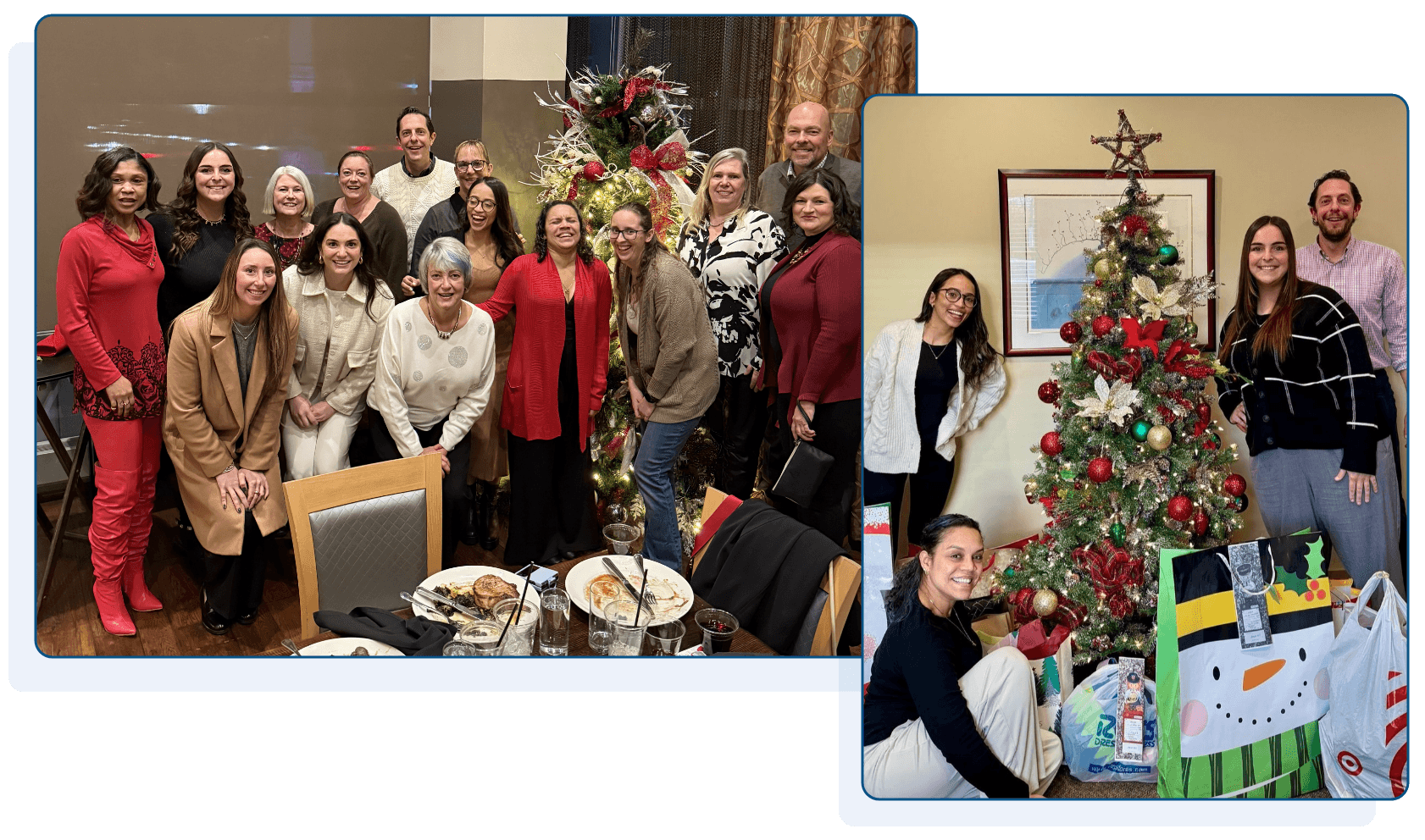 Left picture shows YMI Insurance staff at their holiday party. Right picture shows YMI Insurance staff supporting the Salvation Army Angel Tree program.